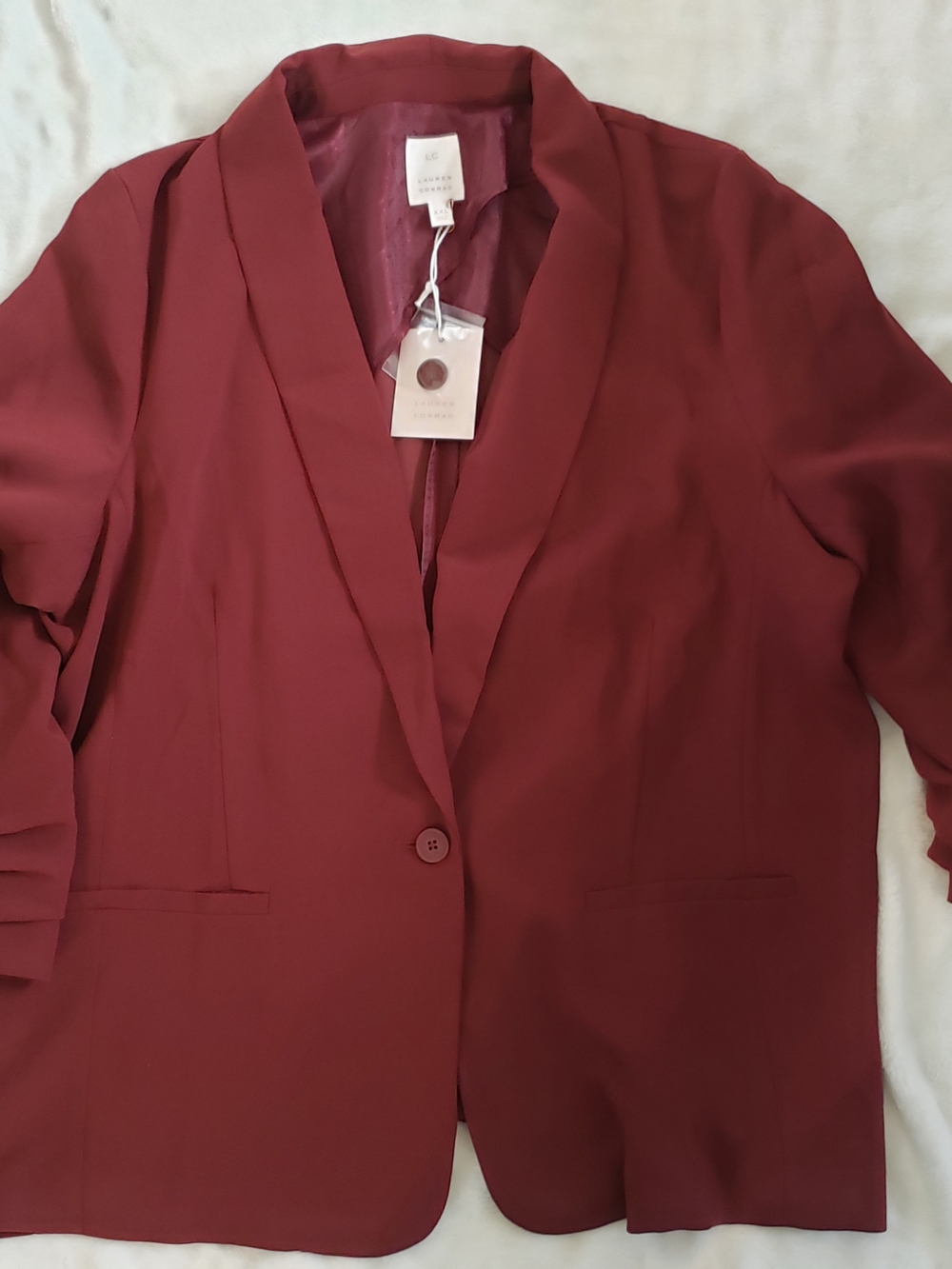 NWT LC Lauren Conrad Ruched 3/4 Sleeve Blazer Jacket Burgundy Maroon XXL 2X